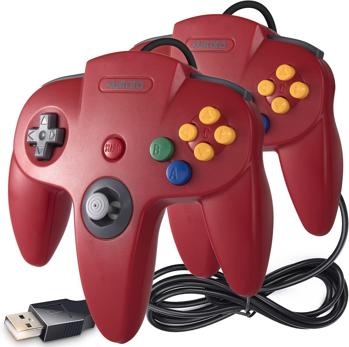 KIWITATA 2 Pack Classic N64 USB Controller, Retro N64 Wired Remote PC Emulator Game Controller Joystick for Windows PC & Mac Raspberry Pi Red