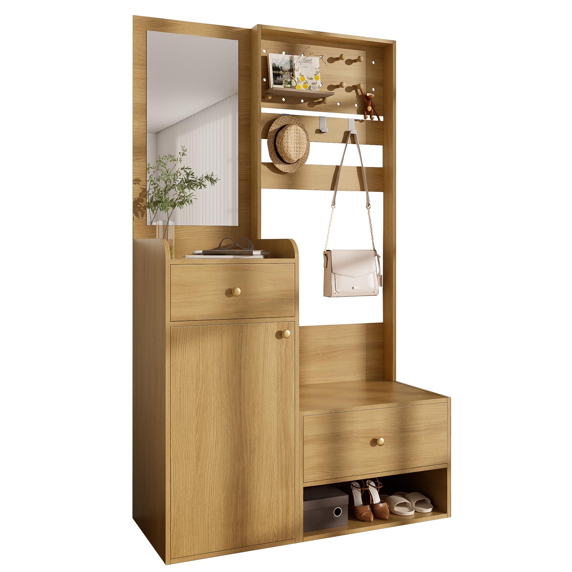 Armario compacto, moderno estante de entrada multifuncional – Elegante almacenamiento de color madera con espejo, ganchos ajustables y estantes espaciosos para zapatos, abrigos y objetos