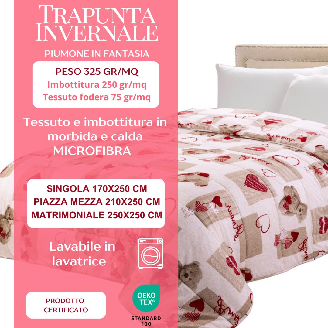 Trapunta Invernale Shabby Chic In Microfibra 300 G/m² – Matrimoniale 260x260 Cm, Cuori Grigio, Made In Italy