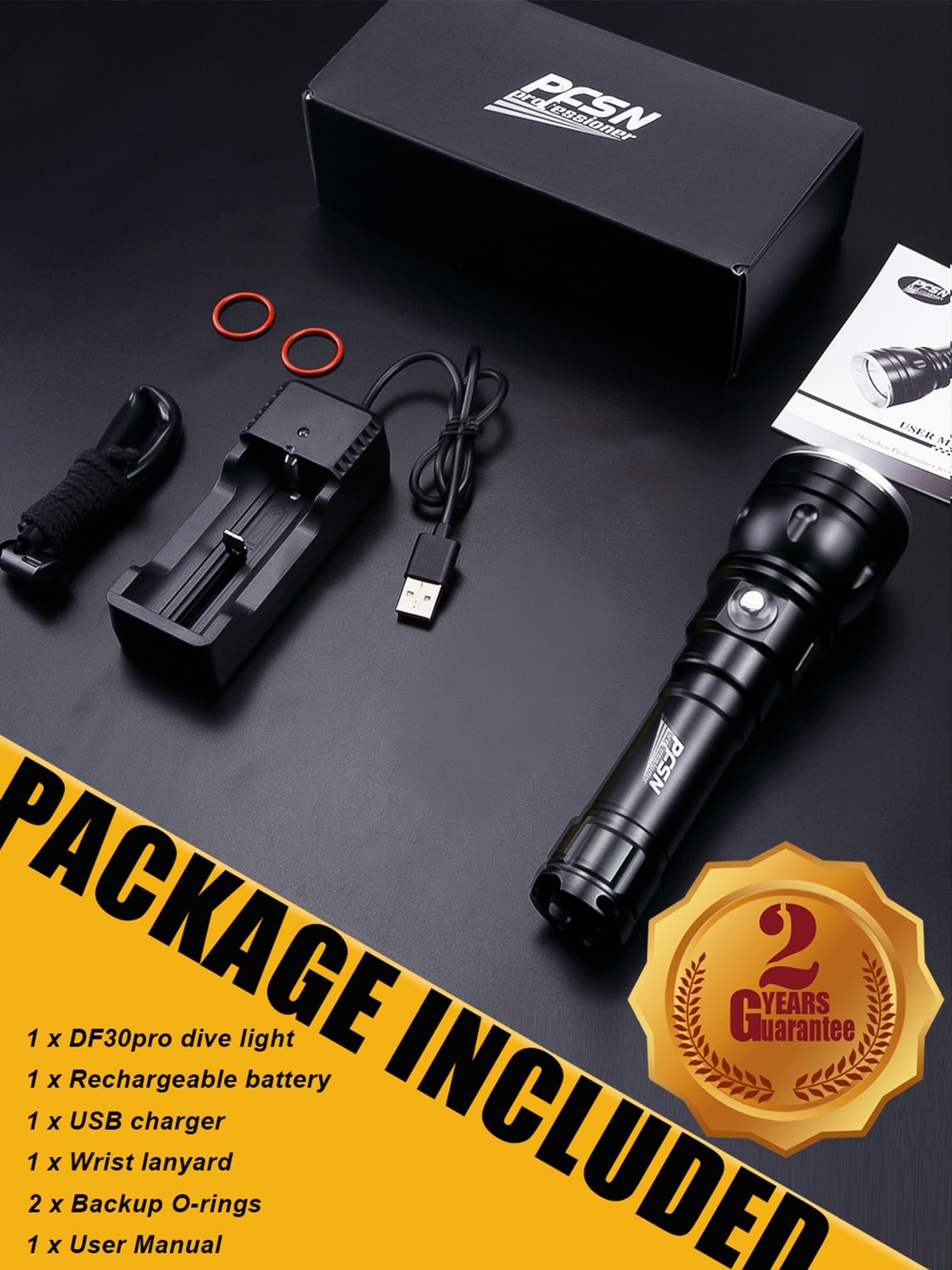 Torcia subacquea PFSN 3000 lumen luce gialla torcia subacquea impermeabile 150 m, luce subacquea a lungo raggio 400 m, migliore torcia subacquea per immersioni, speleologia, pesca subacquea e caccia