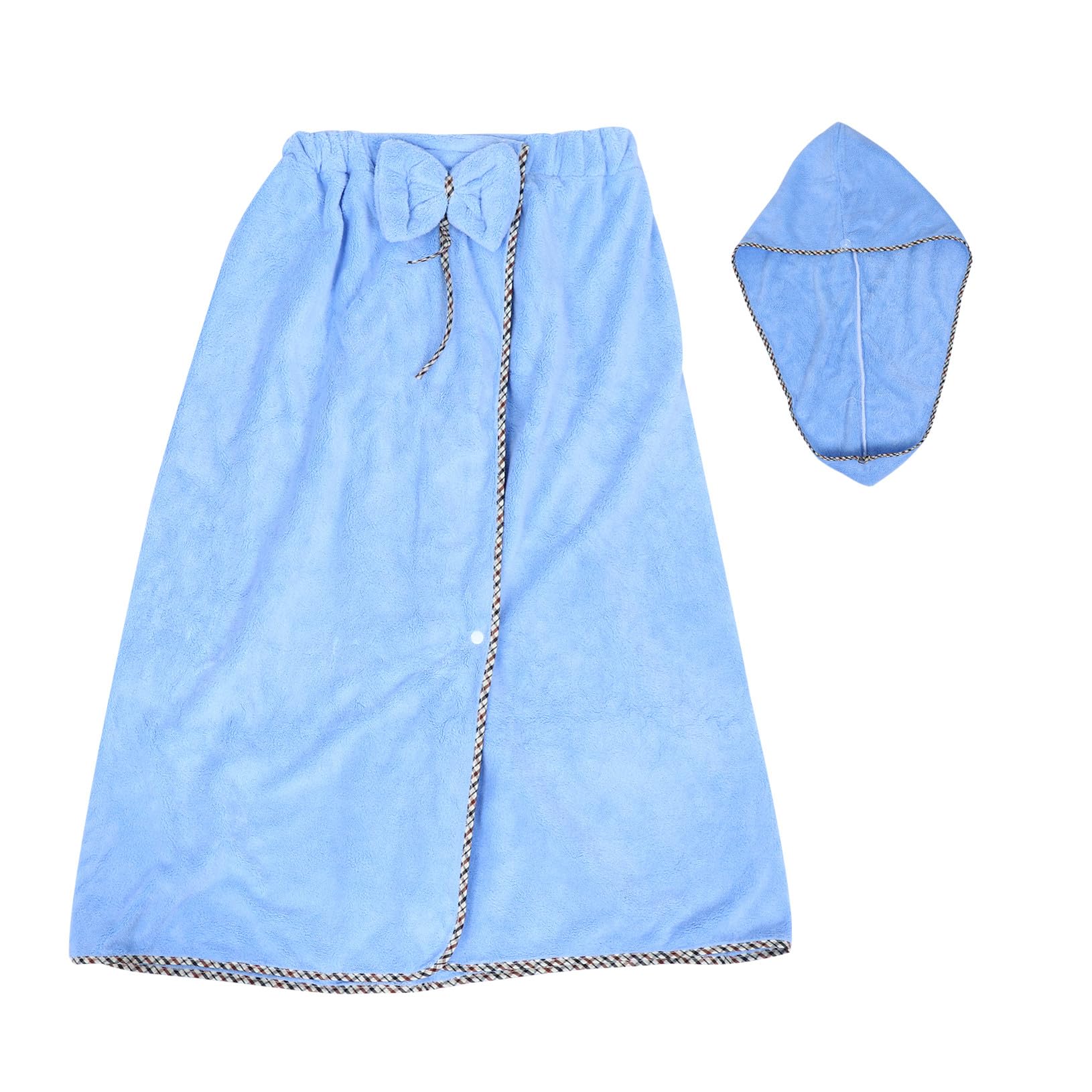 Falda de baño suave en vellón coral con gorra azul elástica: confort de viaje para mujer