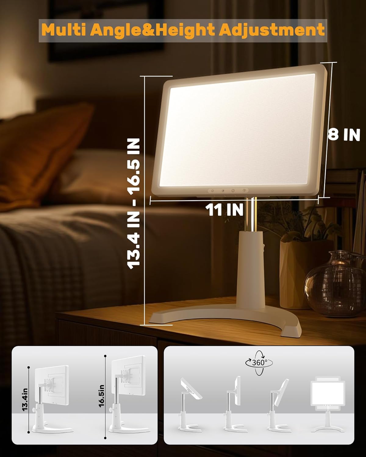 Light Therapy Lamp, 12000 Lux Full Spectrum 3 in 1 Therapy Lamps LED Sunlight, Adjustable 10 Brightness 5 Color Modes, Timer, Height, Angle& Detachable Stand, White - Image 5