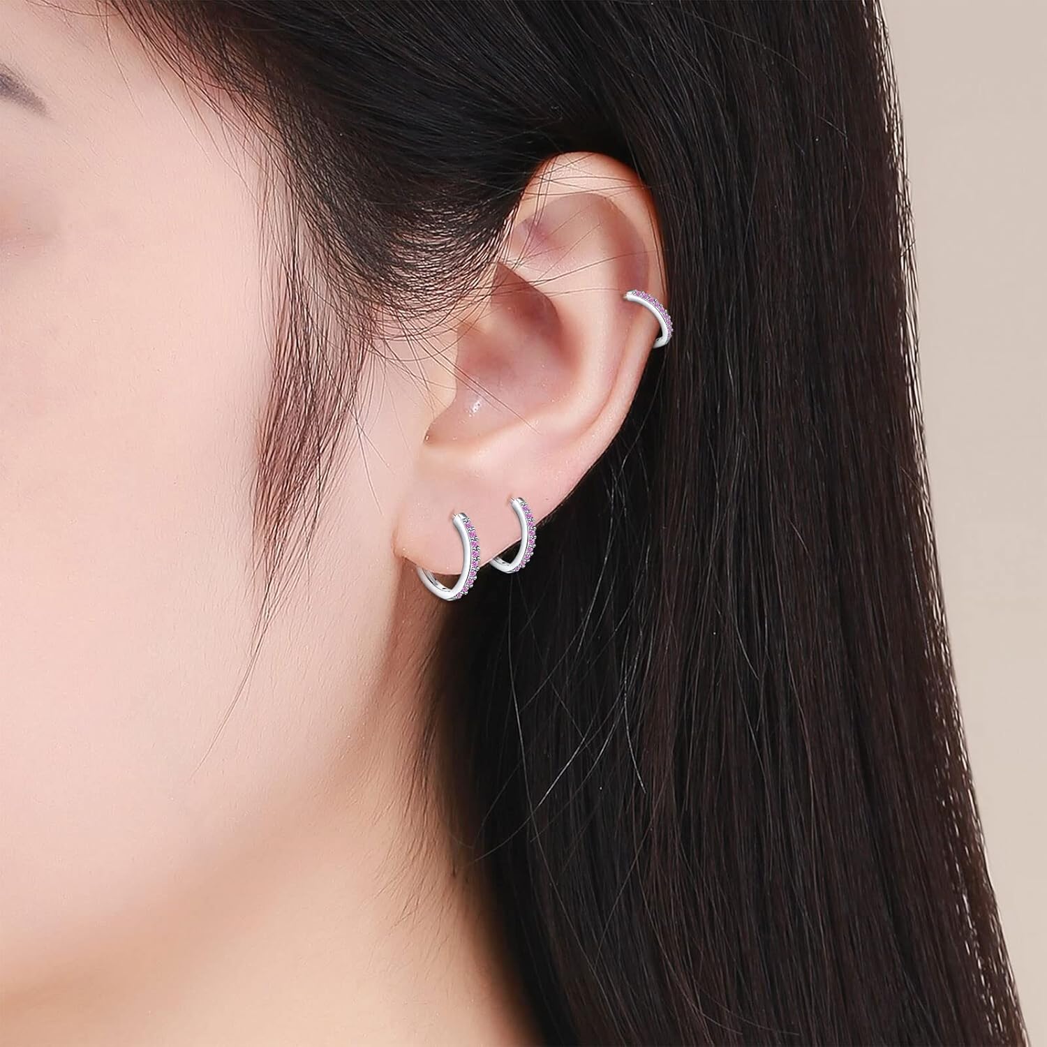 925 Sterling Silver Small Hoop Earrings Cubic Zirconia Huggie Hoop Earrings, 3 Pairs 14K White Gold Plated Cartilage Piercing Earrings Ear Cuff Tiny Hoop Earrings for Women Men - Image 3