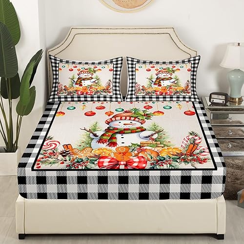 Miniatura 3 de Manfei Juego de sábanas bajeras con diseño de muñeco de nieve de tamaño matrimonial, 3 piezas para decoración de habitación de niños y adultos,