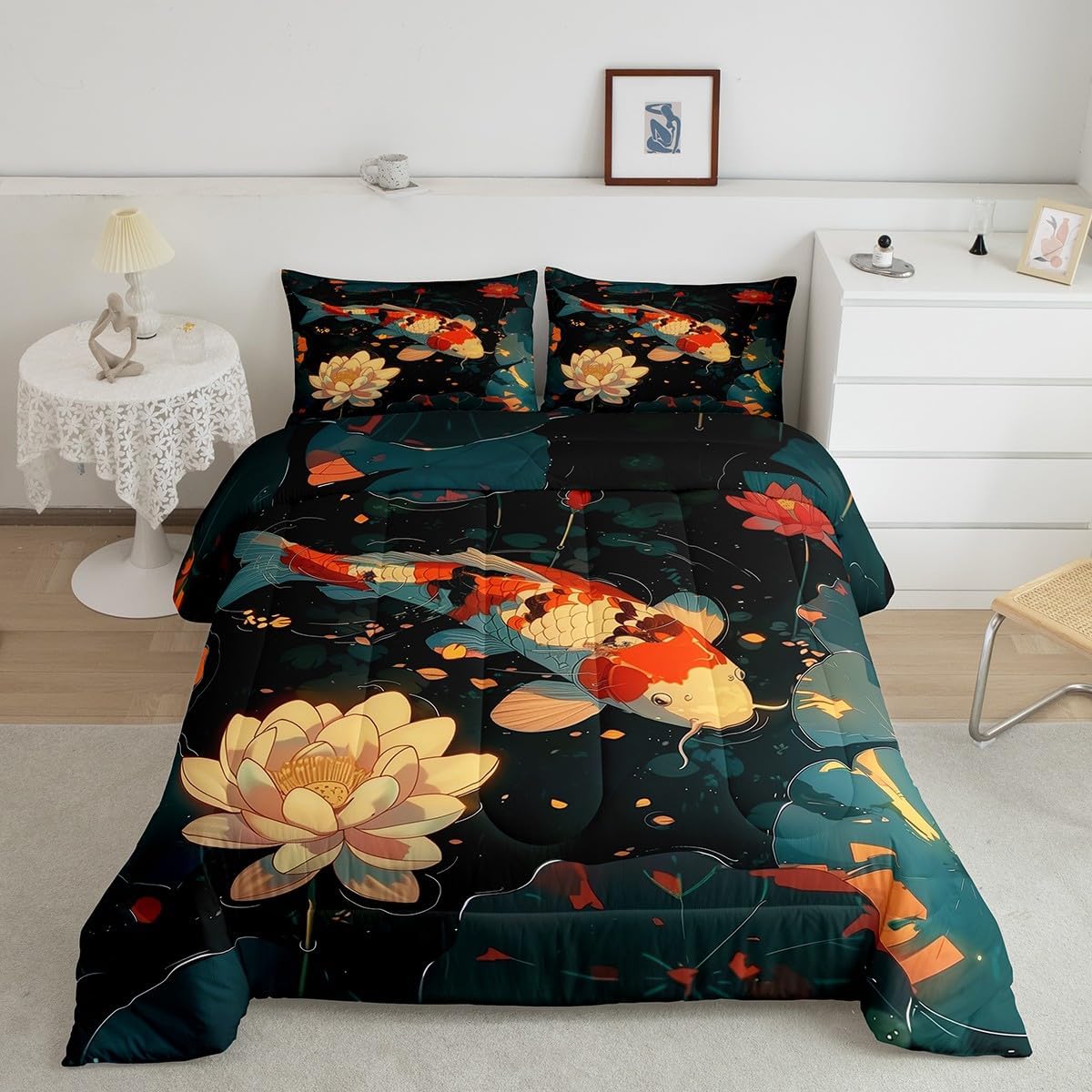 Japanese Style Queen Bedding Set Red White Koi Comforter Set Queen, Oriental Ink and Wash Bedding Comforter Sets Pink Lotus Down Comforter, Botanical Plants Bedding Comforter Sets Hippie Room Decor
