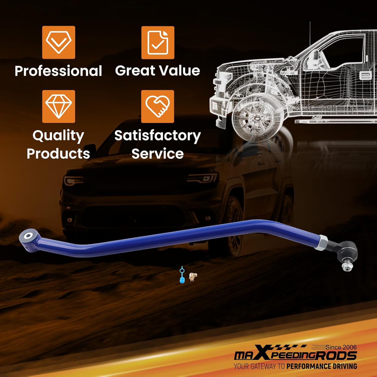 The maXpeedingrods adjustable front track bar shown with its accompanying installation hardware.