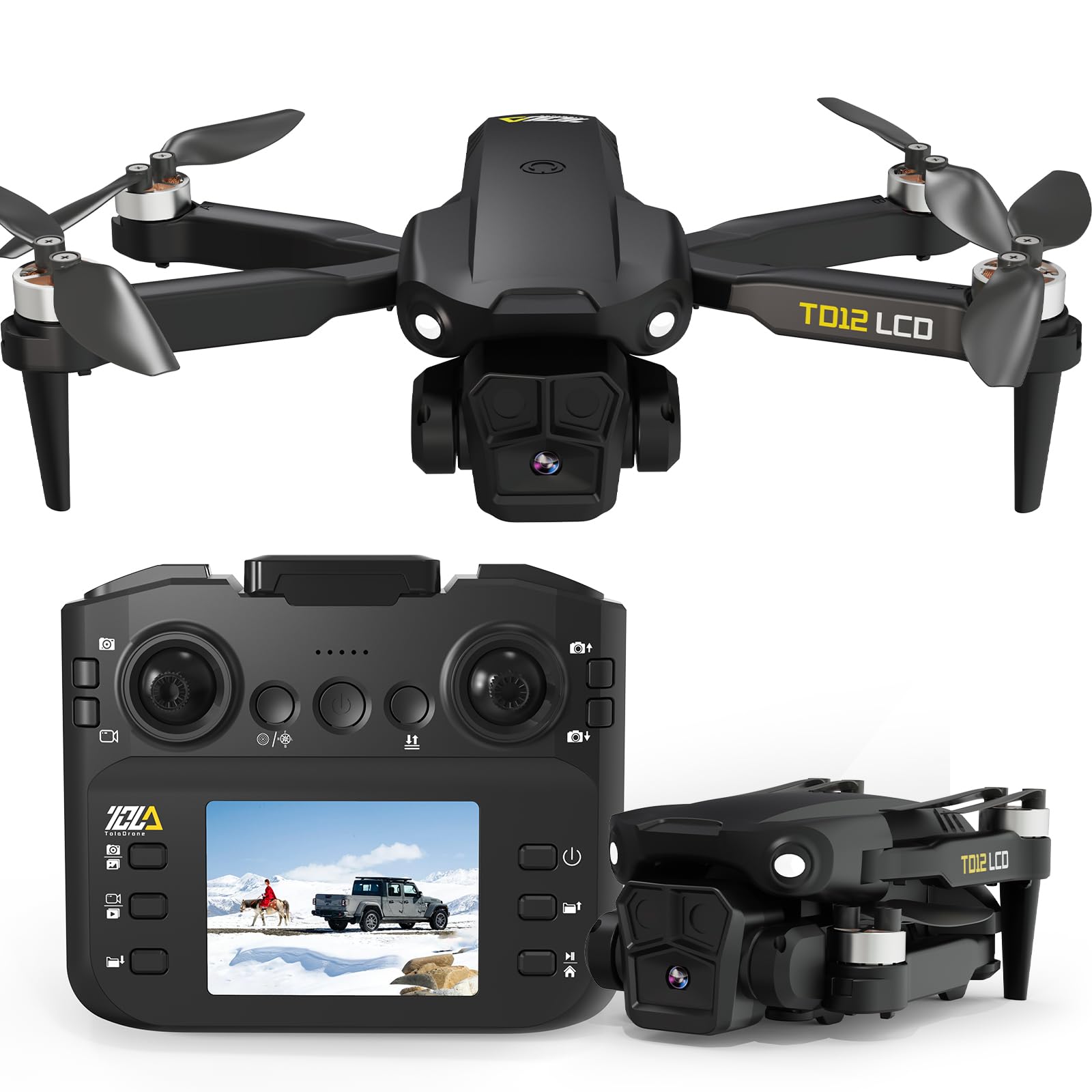 TD12LCD Dron con Cámara, Transmisión con Pantalla LCD, Motor sin Escobillas, Posicionamiento por Flujo Óptico, Drones Cuadricópteros Plegables para Principiantes Adultos, Menos de 249g