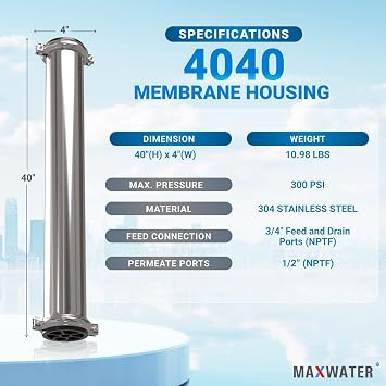 Max Water - Heavy Duty - Reverse Osmosis 4040 Membrane Housing - 4 x 40 good for industrial use - 4040 housing