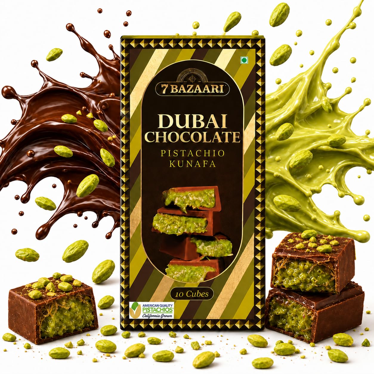 7 BAZAARI Authentic Dubai Chocolate Pistachio Kunafa Dessert 100 gm, 10Pcs – Made with Premium Milk Chocolate & American Pistachios |Arabic Sweets with Crispy Kunafa-image-20