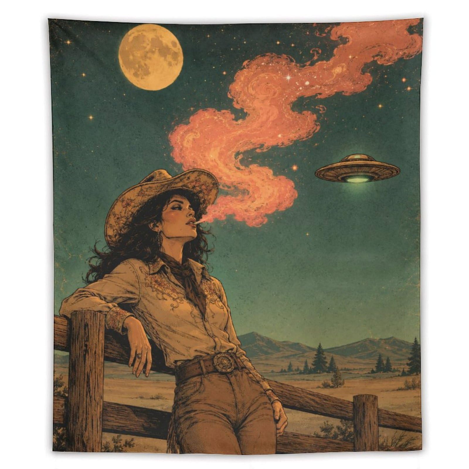 W7C8U2X3 UFO Cowgirl Western Moon Wall Tapestry, Surrealist Style, Office