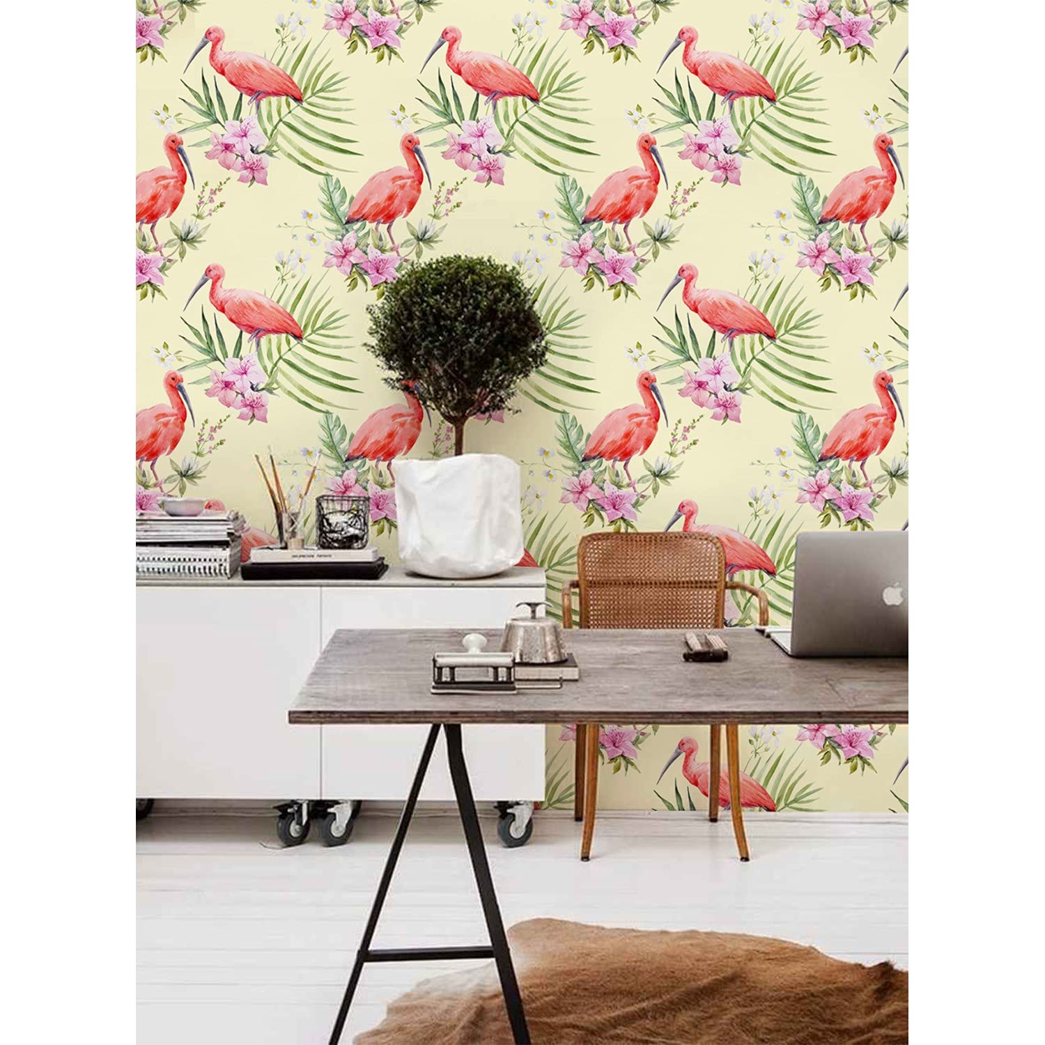 Le Papier Peint Coloray 208x146cm Intissé Motif Feuille de Palmier et Flamant Rose pour Meuble
