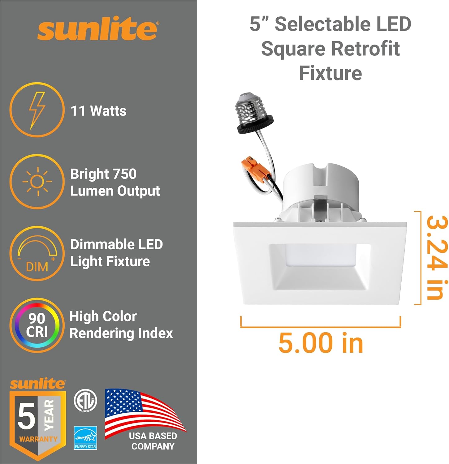 Sunlite 41730 4-Inch Square Retrofit Recessed Downlight, 11 Watts, 750 Lmns, Color Selectable 27K/30K/35K/40K/50K, 90 CRI, ETL Listed, Dimmable, White, For Entryways, Hallways, Residential Use, 6 Pack