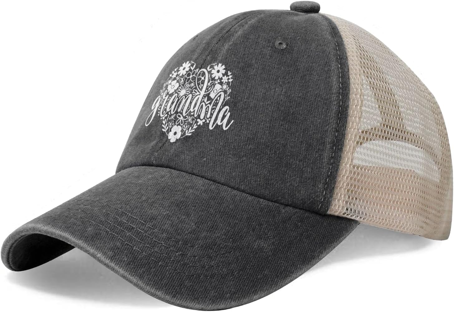 Women's Grandma Floral Heart Trucker Hat - Adjustable Vintage Washed Mesh Baseball Cap for Nana Mom