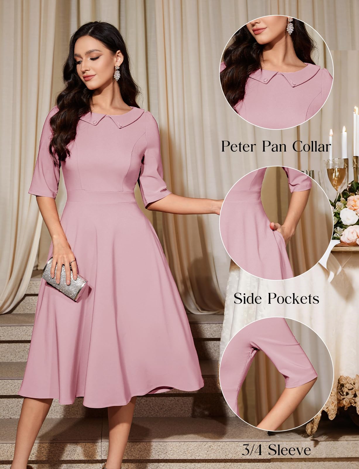 Bbonlinedress Abito da cocktail vintage da donna, formale, autunno, matrimonio, chiesa, a maniche lunghe, colletto alla Peter Pan, abito midi swing