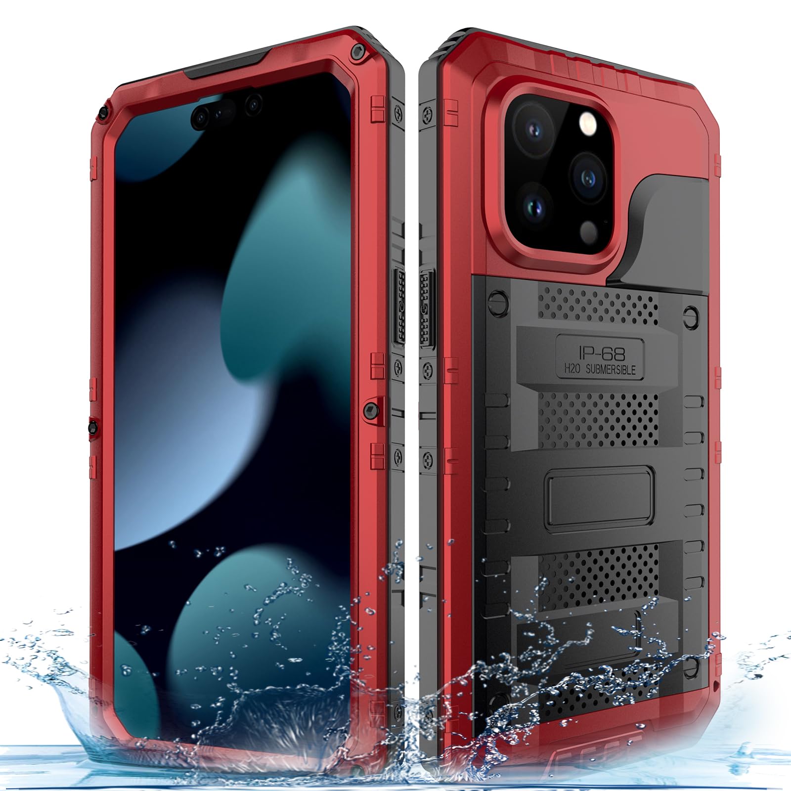 Custodia impermeabile per iPhone 15 Pro Max, custodia protettiva integrale in metallo resistente, antiurto, antipolvere, robusta, di grado militare, per iPhone 15 Pro Max, rosso