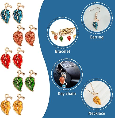 Miniatura 4 de Dijes de aleación esmaltada de hoja de arce, 60 piezas surtidas de hojas de arce de otoño chapadas en oro, dijes de hojas de arce de otoño para