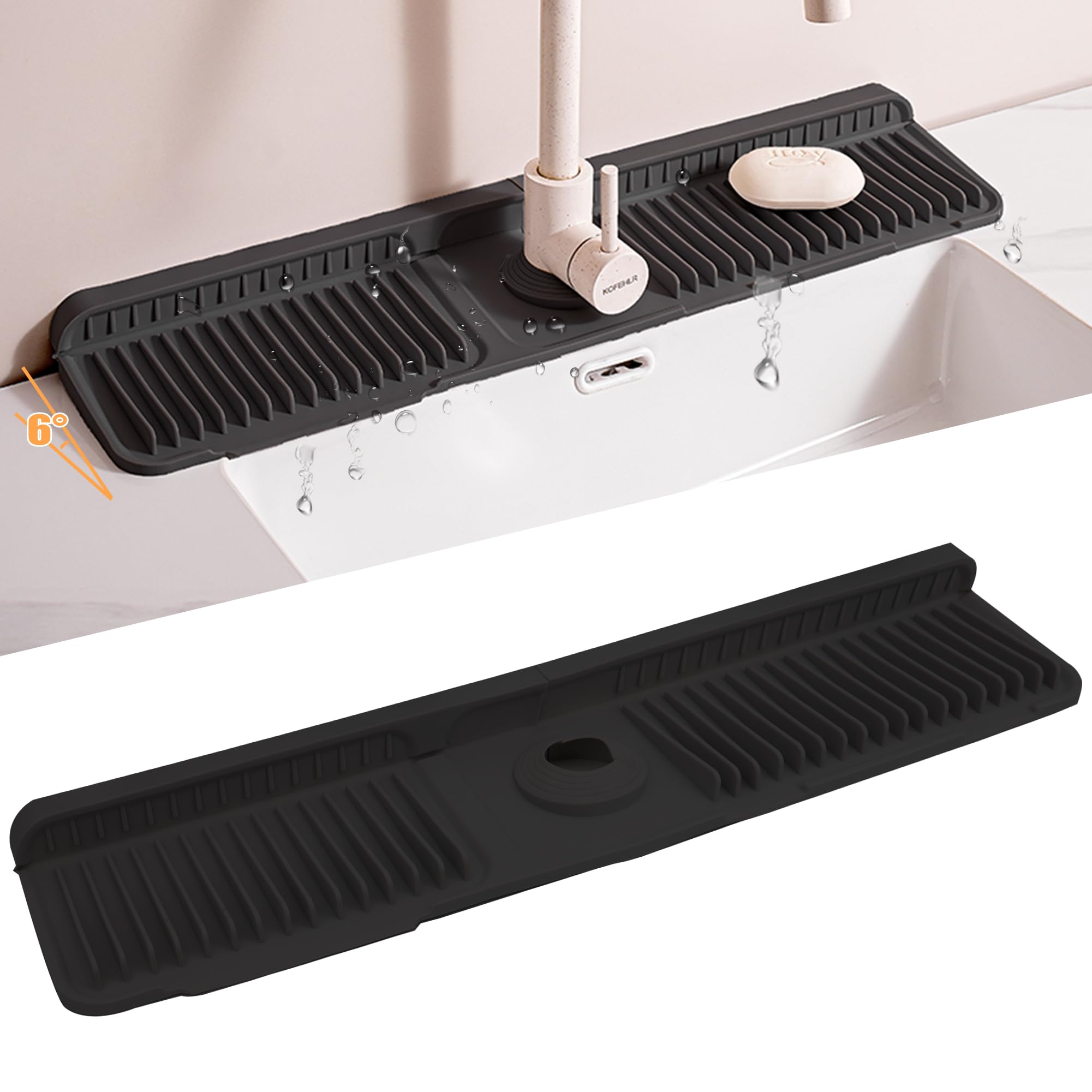 Tappetino Paraspruzzi Per Rubinetto In Silicone Con Pendenza 6° - Pieghevole, Tagliabile, Multiuso Per Cucina E Bagno (Nero, 45x14x2,1 Cm) - 4