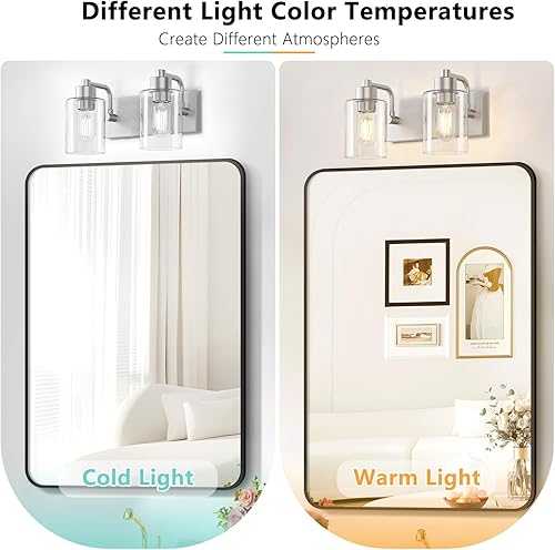 Miniatura 4 de Lámparas de baño de níquel cepillado, luces de baño de 2 luces montadas en la pared sobre espejo con pantalla de vidrio transparente, apliques de
