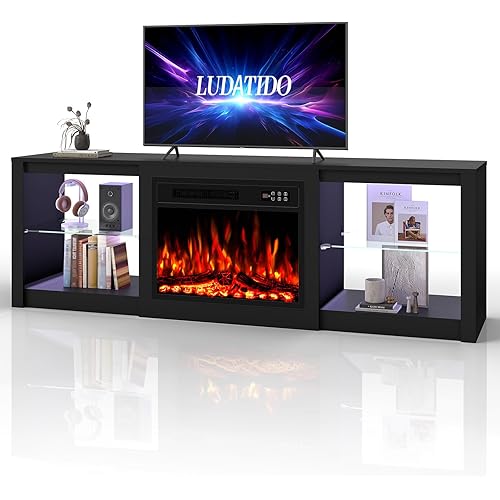 Ludatido 70 Inch Fireplace TV Stand with 23" Fireplace Insert, Entertainment Center with 14-Color LED Lights, Open Storage, Adjustable Glass Shelves, Black TV Stand for Living Room Fits up to 80" TVs