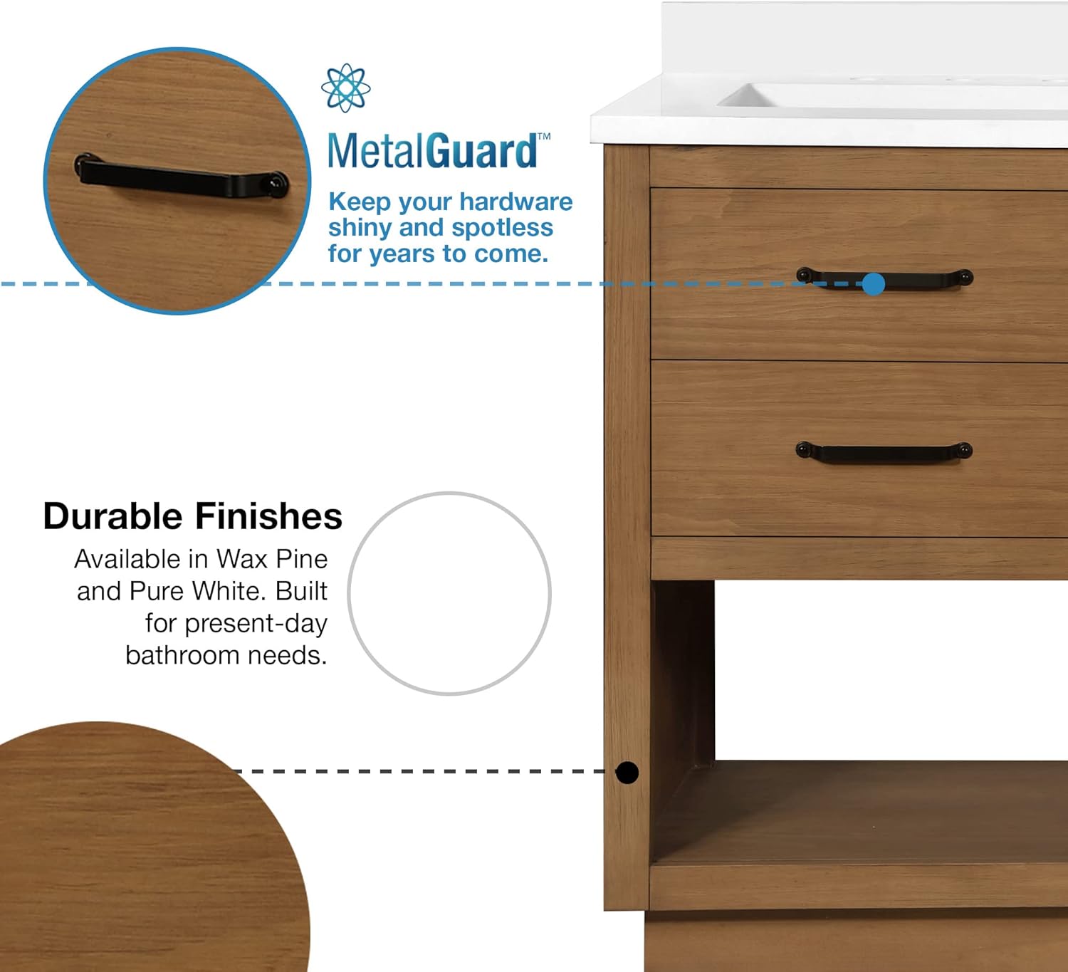 Close-up of the Wax Pine wood finish and black MetalGuard hardware on the OVE Decors Carran 60-inch Double Undermount Sink Bathroom Vanity.