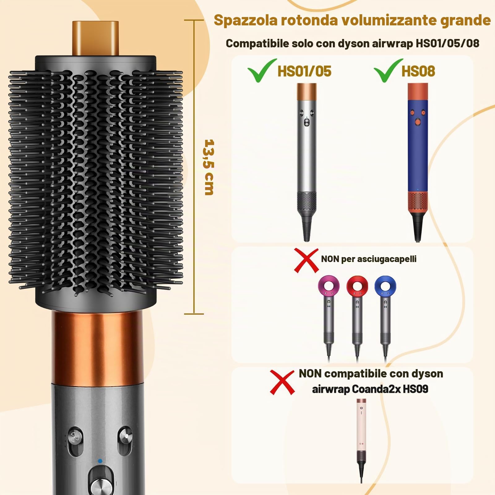 Spazzola rotonda grande da 7,6 cm per accessori Dyson Airwrap | Spazzola volumizzante rotonda da 7,6 cm, per Dyson Air Wrap, setole flessibili per arricciare il volume liscio, oro