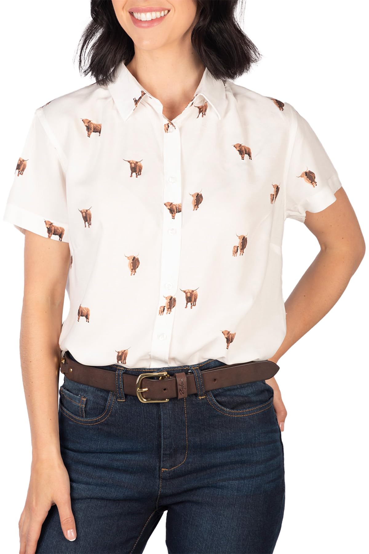 Rydale Ladies Floaty Short Sleeved Blouse Shirt Womens Button Up Printed Shirts (UK, Numeric, 14, Regular, Regular, Highland Cow)
