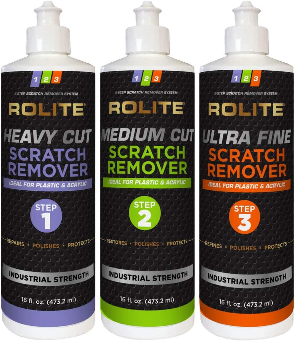 Rolite - RSR3STEP16zCP 3 Step Scratch Removal System for Clear Plastic and Acrylic Surfaces - Heavy Cut, Medium Cut and Ultra Fine Combo Set Removes Scratch and Swirl Marks, 3 - 16 Ounce Bottles