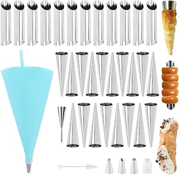 35pcs Cream Horn Kits for Baking, Cannoli Forms Tubes Kit, Stainless Steel 16pcs Cone Shaped and 12pcs Tubular Shaped Baking Pan for Danish Pastry, Cream Roll, Croissant