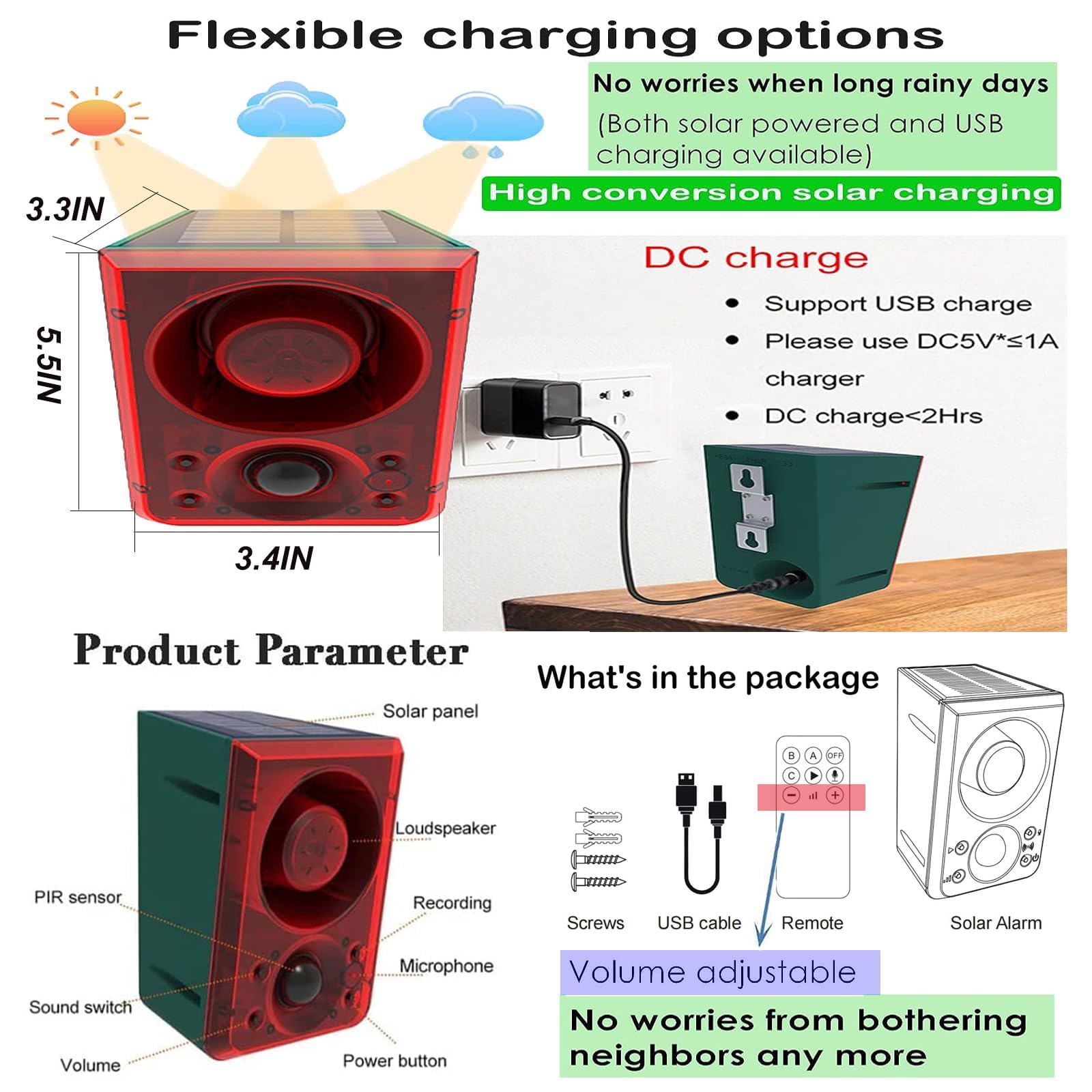 KINGCOO Alarme Solaire de Sécurité Extérieur, étanche Lumières Solaires Stroboscopiques,130db Coup de feu du Son Sound Aboiement de Chien Système pour Maison Cultiver Grange Villa Cour (2pcs)