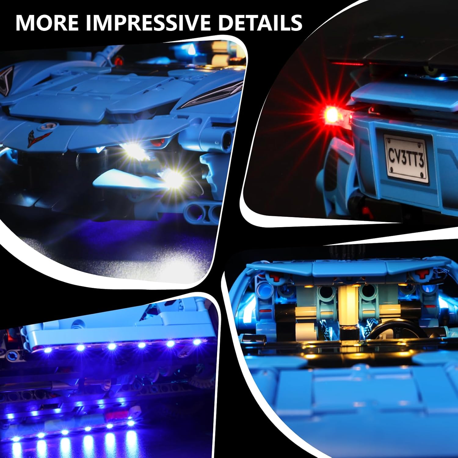LED Light Kit Compatible with Lego Technic Chevrolet Corvette Stingray Blue 42217 - Vivid Lighting Set for Building Model (Lights Only, No Model Included)