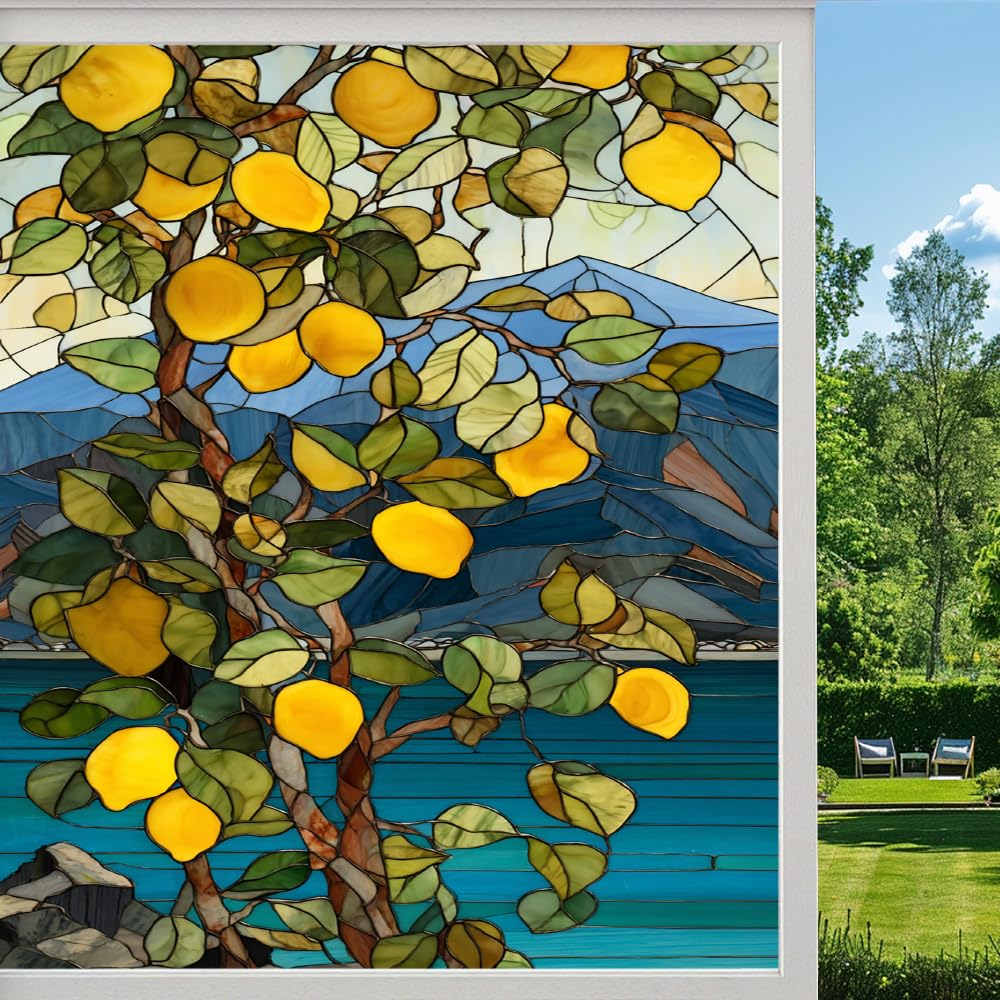 Pmlbaous Rural Lemon Privacy Window Film, Natural Fruit Branch Tree Frosted Self-Adhesive Vinyl Cling For Glass Doors Bathroom Windows Sun Blocking Heat Control, （55X100cm）