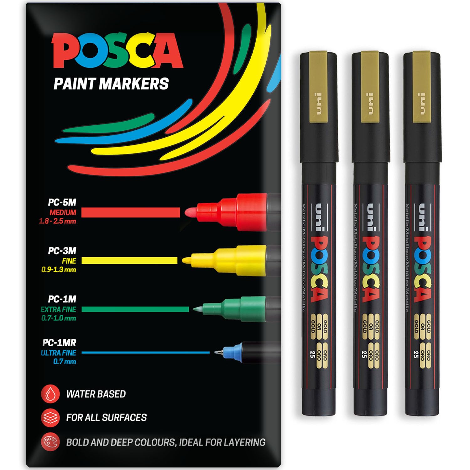 Posca Water Based Acrylic Paint Marker Pens | Multi Surface Use Permanent Paint Pen | Pack of 3 Pens in Envelope Gift Packaging | Glass, Fabric, Canvas, Wood etc | PC-3M, Gold