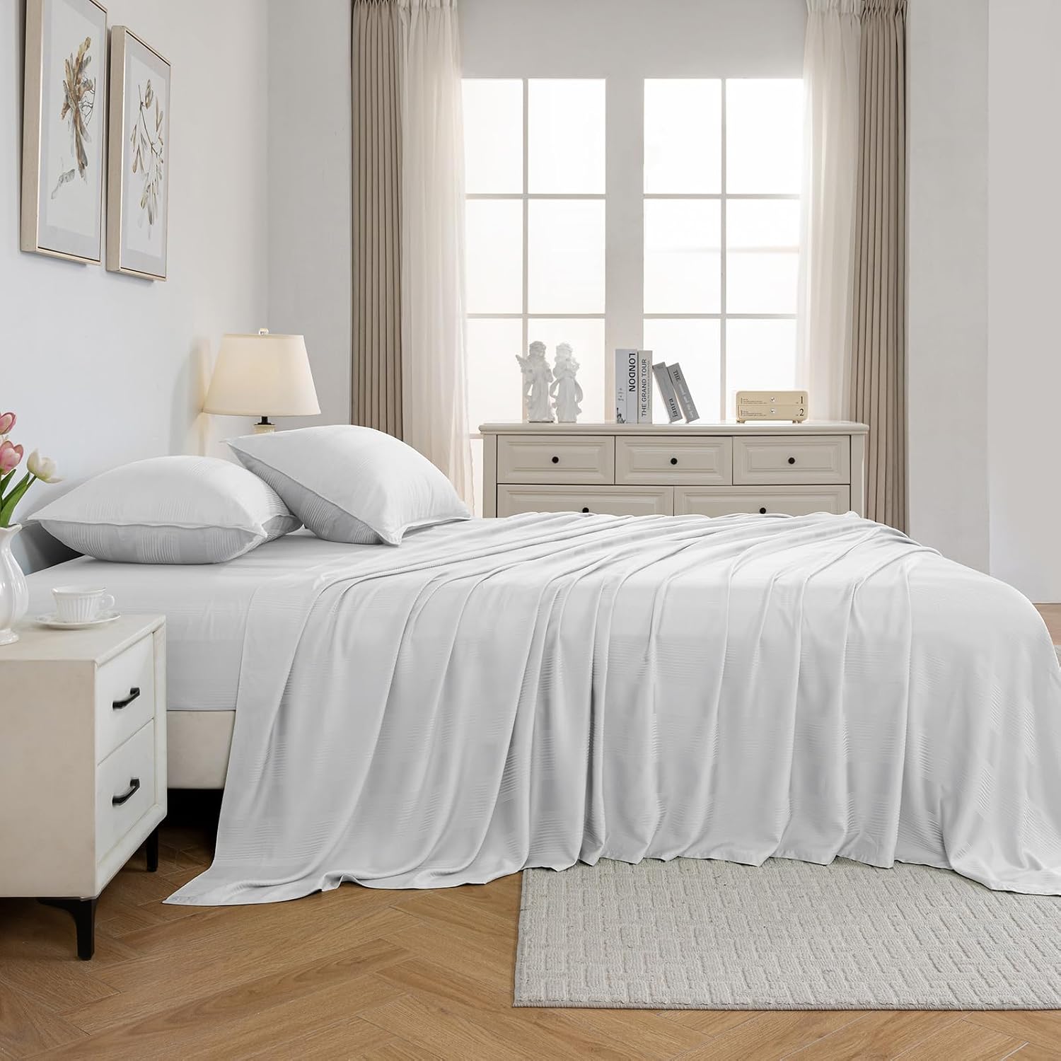 IKIFLY Queen Size Sheet Set, Striped Jacquard Ultra Soft Cooling Sheets, 16" Deep Pocket, Breathable & Wrinkle Resistance, 4 Piece Hotel Luxury Silky Bed Sheets & Pillowcases, White