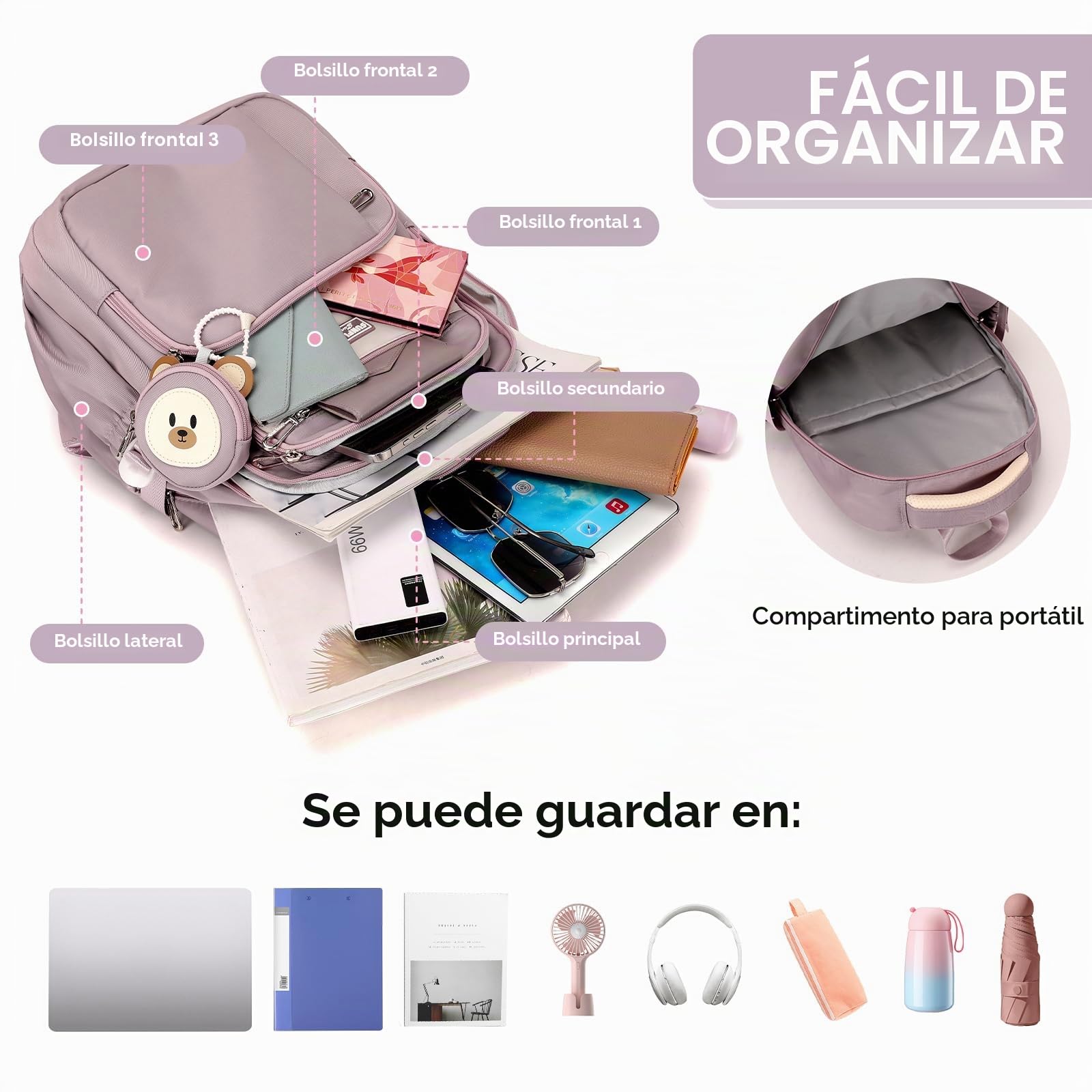 Amythe Mochila para Niñas de Primaria, 40L Mochilas Escolares para Adolescentes, Mochila Infantil Ligera y Adorable, Mochila de Viaje Casual para Chicas, Apta para Carrito, Morado