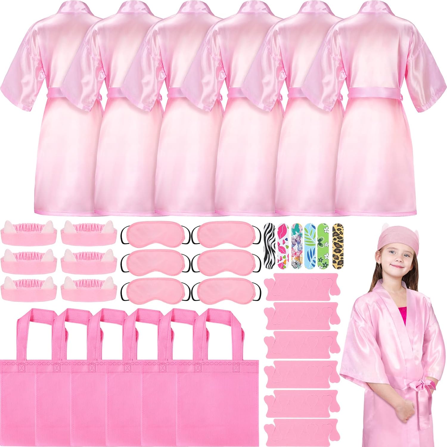 Unittype 6 Sets Kids Satin Robes Spa Party Supplies for Girls Kimono Slumber Robe Spa Accessories for Birthday Party Favors 6 Pink