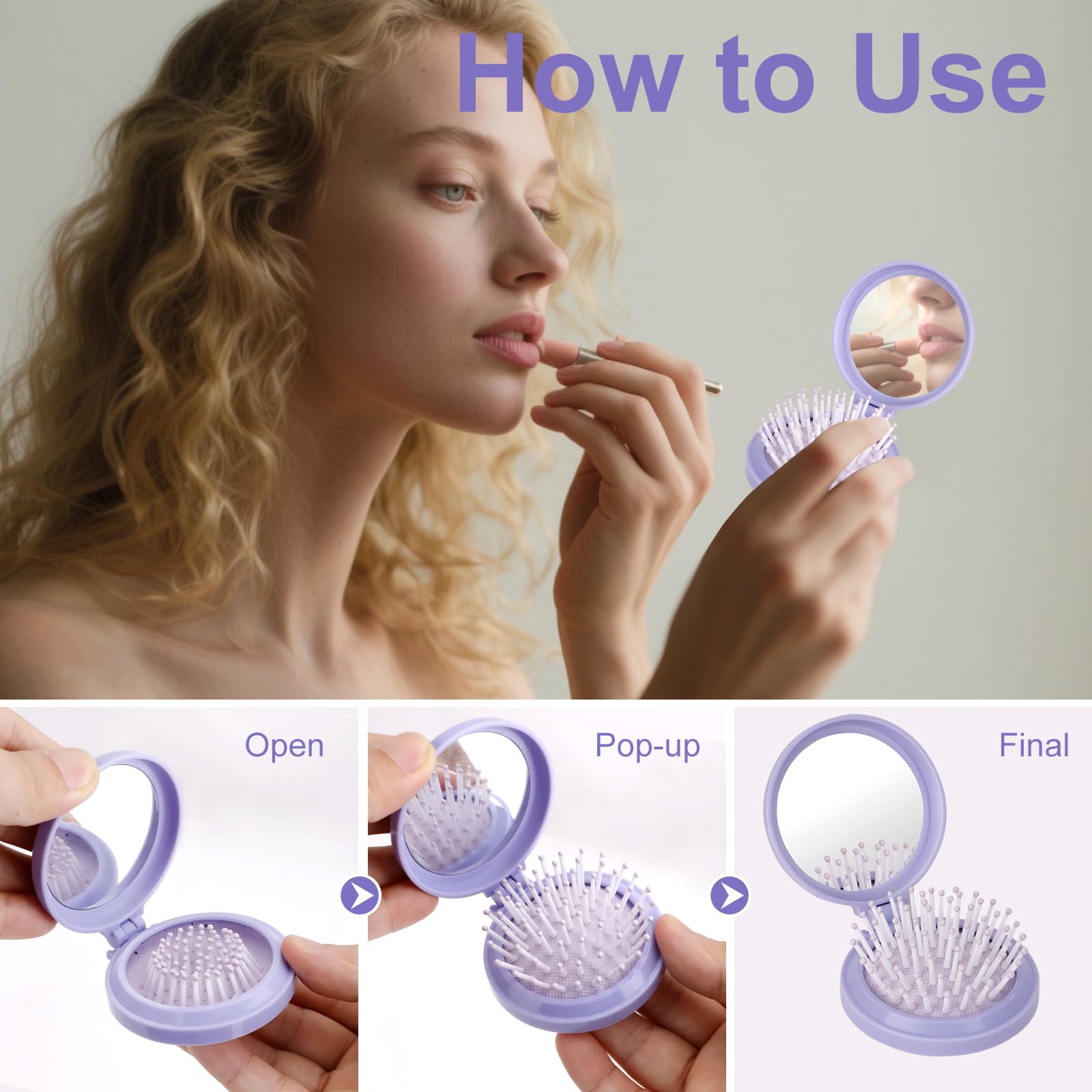 LIUCONGBD 4PCS Folding Hair Brush with Mirror, Mini Round Travel Size Hairbrush with Compact Mirror - Image 4