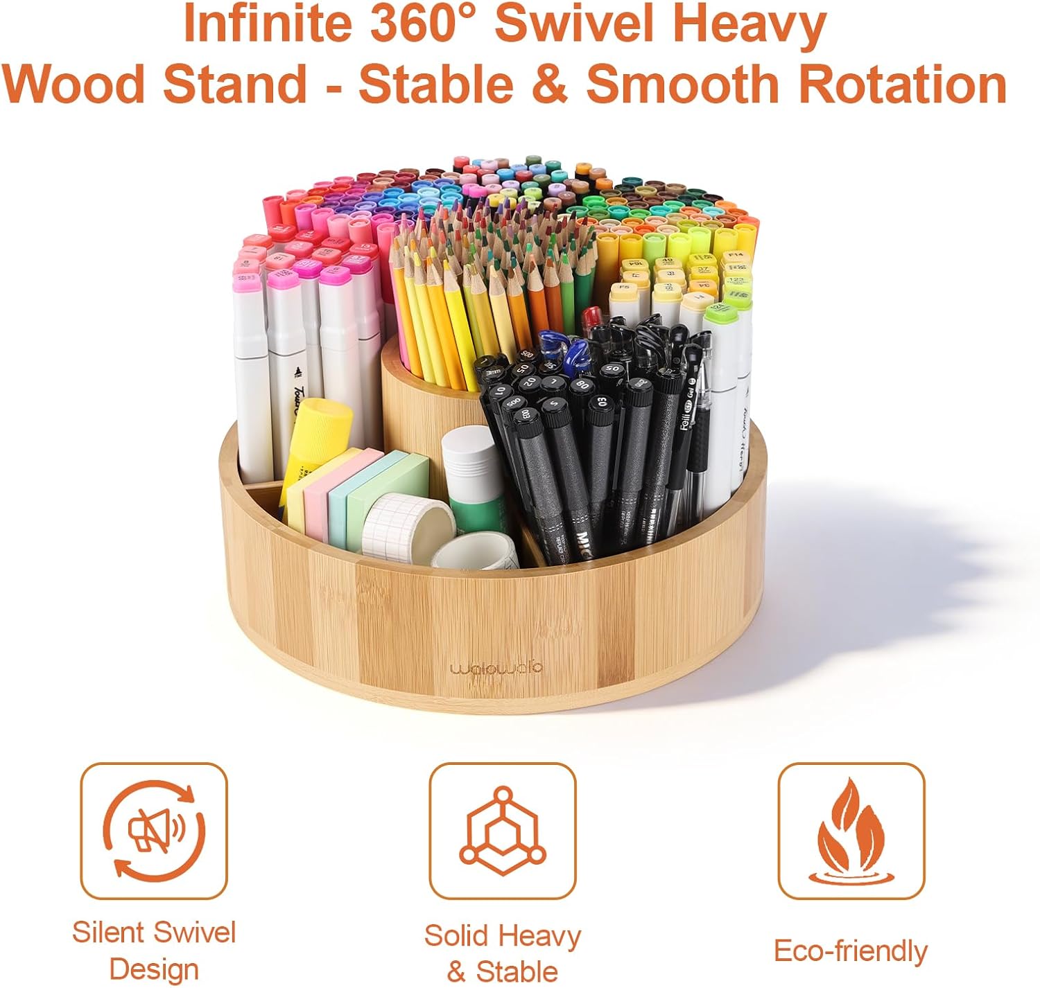 Marker Organizer Rotating Bamboo Desk Organizer, Silent 360° Rotation Caddy, 10 INCH LARGE Art Supply Caddy Holds 140+ Markers, 750+ Pencils for Home Office, Classroom, Birthday Gift, 10 Compartment