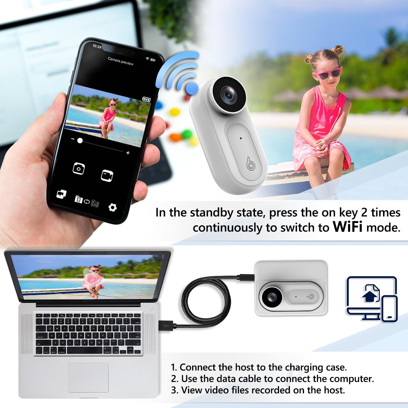 Diagrama que muestra la cámara conectándose a un teléfono inteligente y una computadora portátil a través de Wi-Fi.