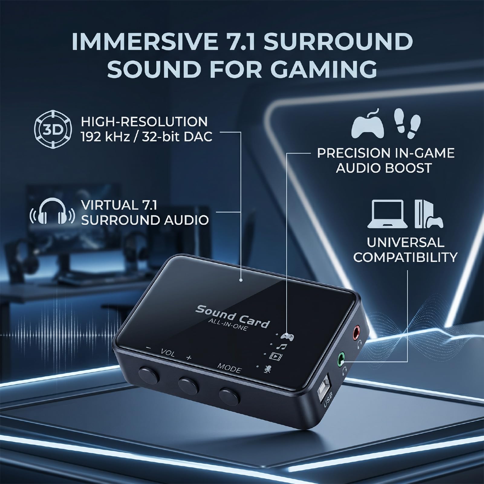 GOWENIC Soundkarte, Immersive Multi Mode, DAC-Adapter, Virtual 7.1 | 7.1 USB-Surround-Soundkarte, 192 KHz 32 Bit, Externer USB-A-Audio-Adapter, für PC-Gaming-Kopfhörermusik