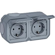LEGRAND Plexo 069742L Wet Room Socket 2-Way Schuko Standard Includes Hinged Lid Touch Protection Pre-Wired Plug-In Terminals Horizontal IP44 - IK07 Colour Grey