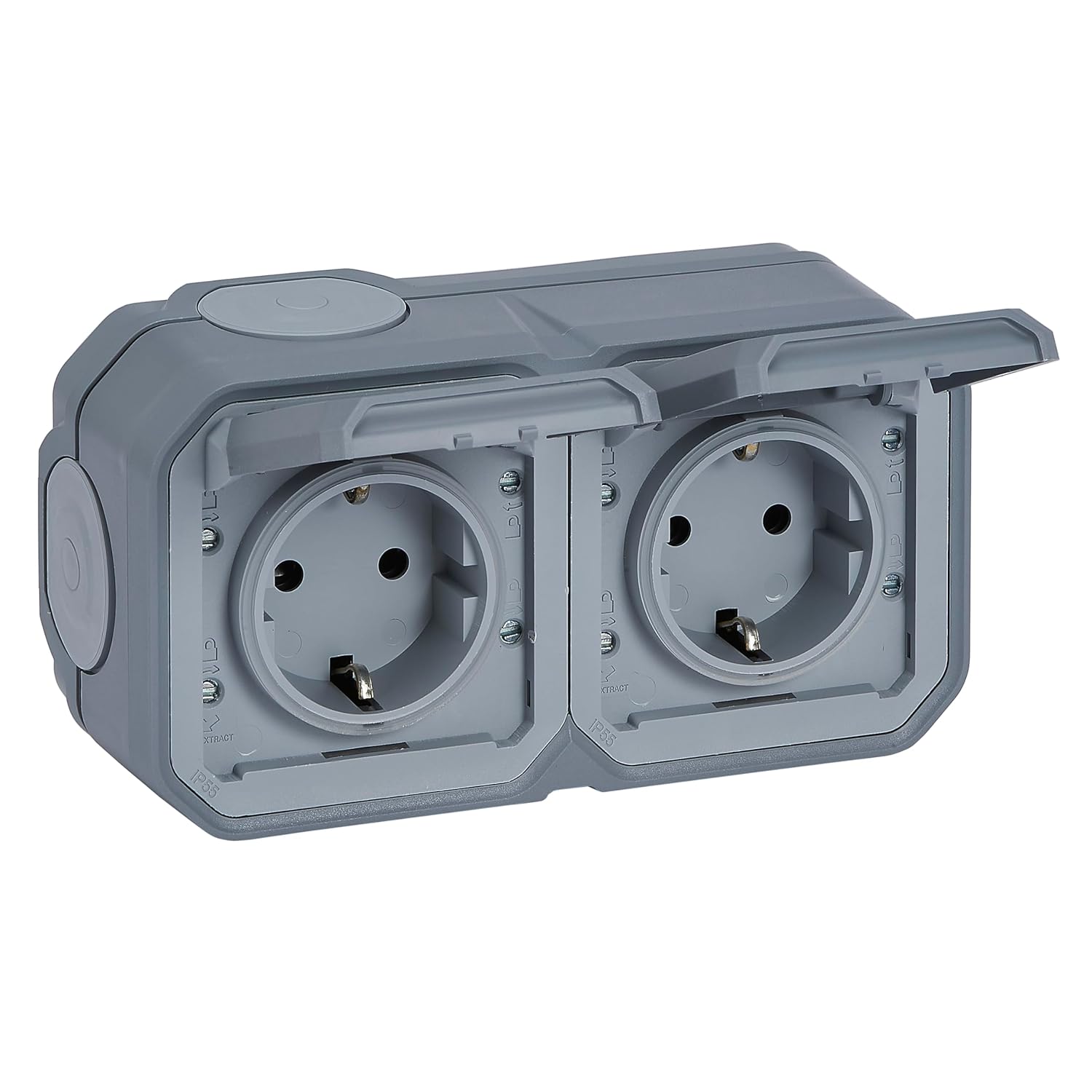 LEGRAND, Plexo New 069742L Socket 2 Sockets Schuko Standard Including Flip Cover Touch Protection Pre-Wired Horizontal Terminals IP44 - IK07 Grey