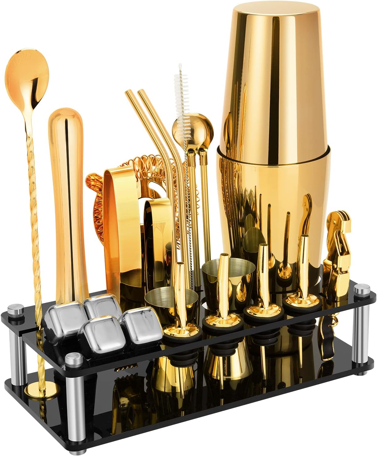 KINGROW Cocktail Shaker Set, 23-Piece Boston Stainless Steel Bartender Kit with Acrylic Stand & Cocktail Recipes Booklet, Professional Bar Tools for Drink Mixing, Home, Bar, Party - Gold
