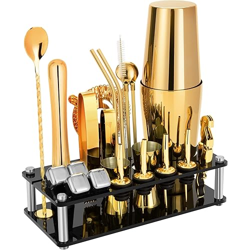 Cocktail Shaker Set, 23-Piece Boston Stainless Steel Bartender Kit with Acrylic Stand & Cocktail Recipes Booklet, Professional Bar Tools for Drink Mixing, Home, Bar, Party - Gold