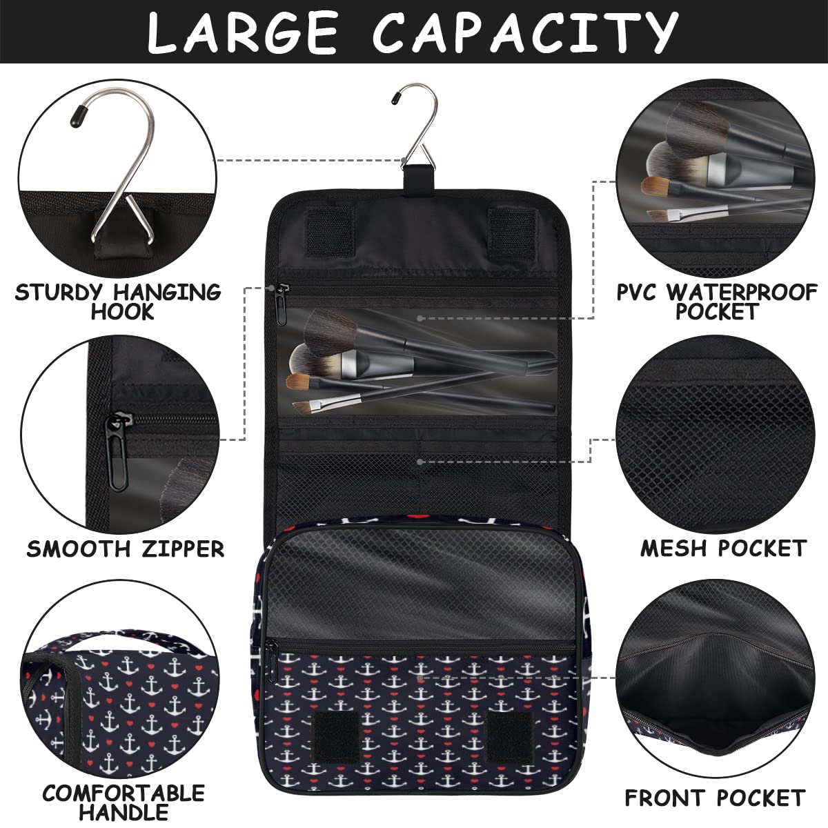 Kotwy Podróżna kosmetyczka Kotwy Serca Mycie Torba Unisex Wiszące przybory toaletowe Kosmetyczka Organizer do makijażu, wielobarwny, Jeden rozmiar