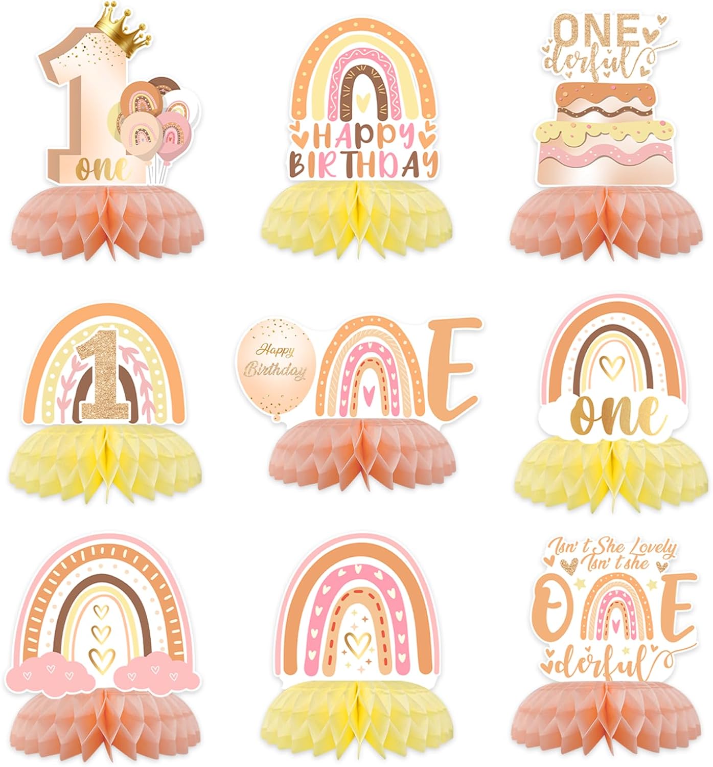 9 Pcs Boho Rainbow 1st Birthday Decorations Isn't She Onederful Honeycomb Centerpieces Table Toppers Boho Rainbow 1st Birthday Party Supplies for Onederful First Girl One Year Old Table Decorations