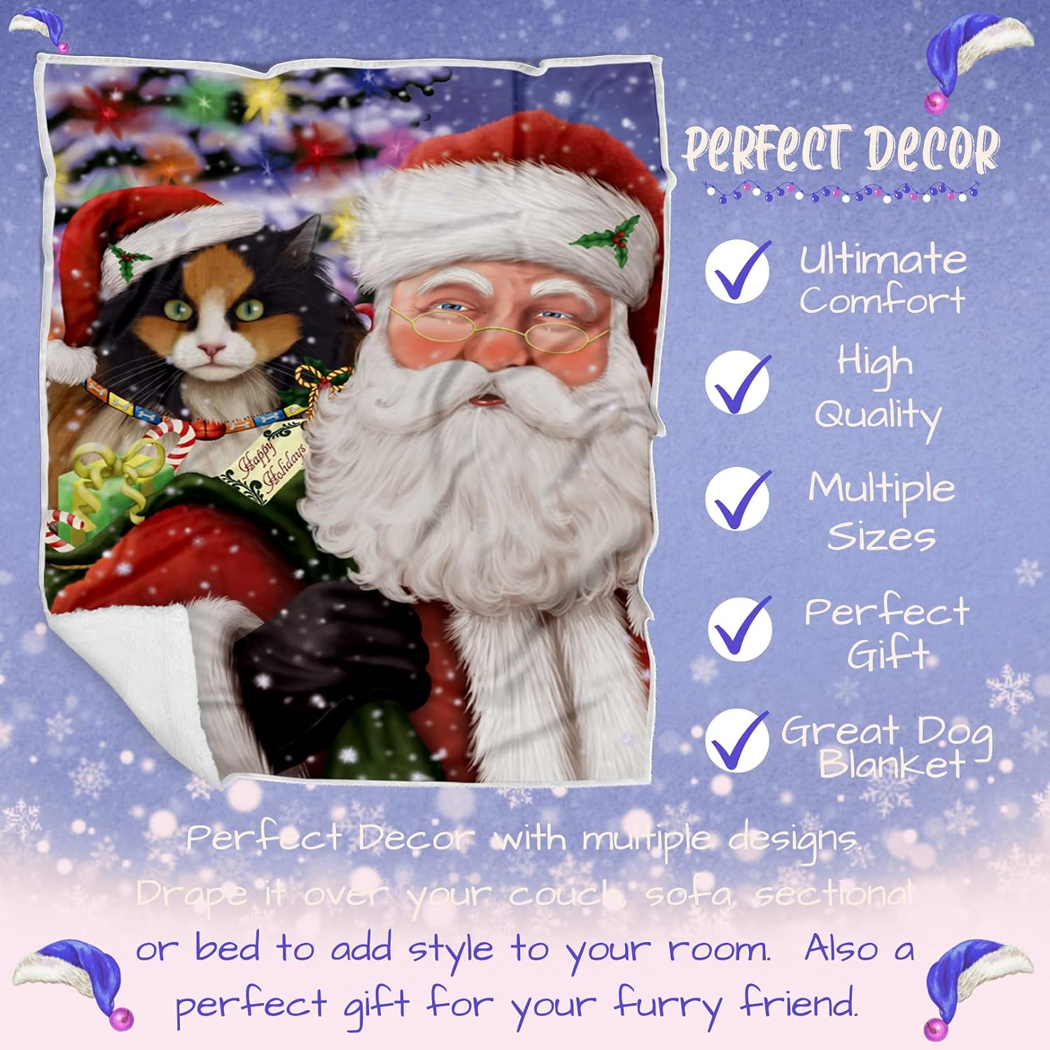 Doggie of the Day Calico Cat Blanket - Christmas Santa Carrying Presents - Super Soft & Warm Pet Theme for Sofa or Bed, Warm Fleece, Sherpa or Woven Material, BLNKT160309 (60x80 Fleece)