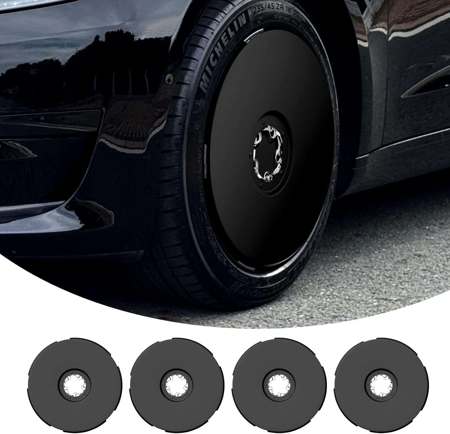 Wheel Cover Hubcaps with Rim Protectors - PC Material, Compatible with 2019-2025 Tesla Model Y 19-inch & 2019-2025 Model 3 18-inch Rims (Matte Black)