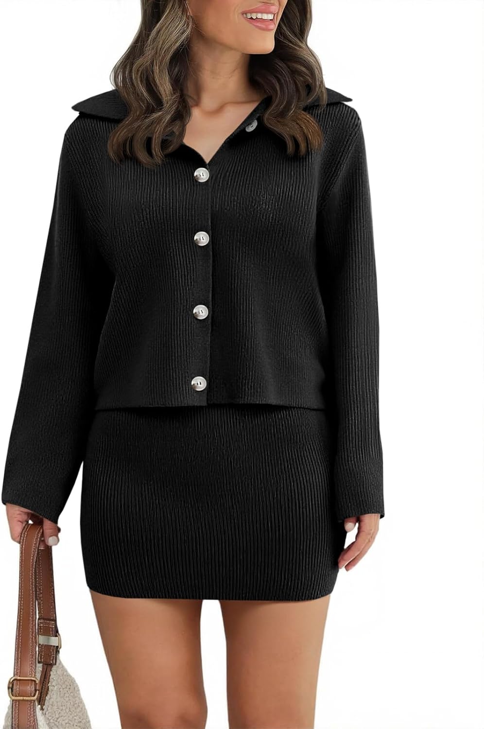 Saodimallsu Womens 2 Piece Sweater Skirt Sets Long Sleeve Collared Button Cardigan Knit Mini Skirt Two Piece Fall Outfits