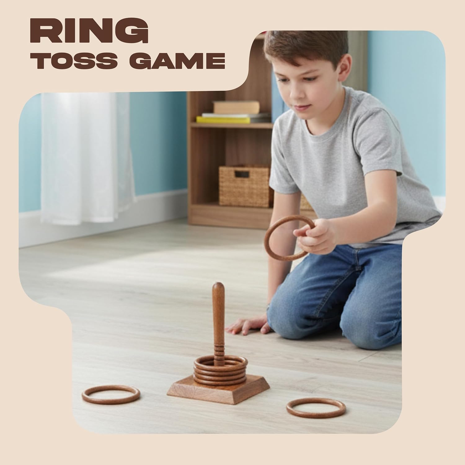 Ajuny Wooden Ring Toss Game Set 6 Rings Indoor Outdoor Family Party Games image 3