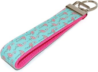 Pink Flamingo on Aqua Blue Keychain Wristlet Fabric Key Fob